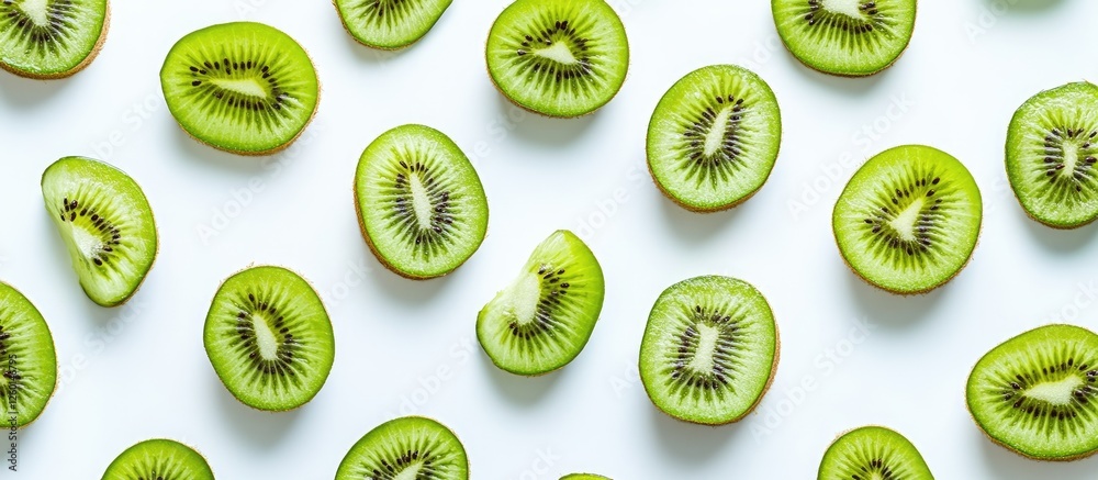 Poster Fresh kiwi fruit slices arranged in a flat lay on a white background showcasing vibrant green hues and intricate textures of each slice.