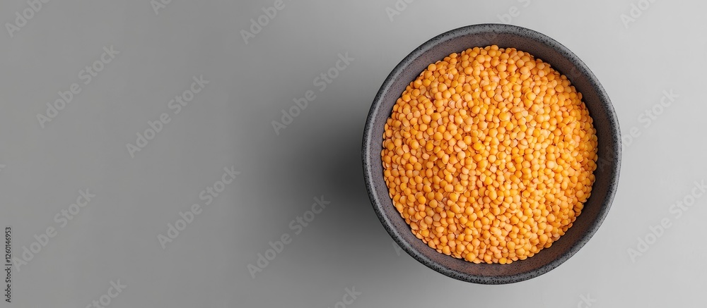 Poster Raw red split lentils in a gray bowl positioned centrally on a soft gray background, highlighting the vibrant orange color and unique texture.