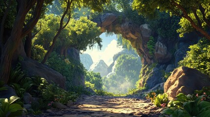 A wide shot of a lush forest with trees forming a beautiful natural archway and a clear ground for design.