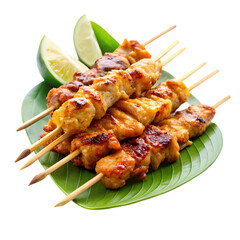 Delicious grilled chicken satay skewers with lime garnish tasty food image on transparent background