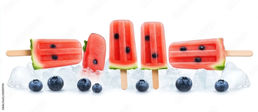 Aufkleber refreshing watermelon popsicles in vibrant red and green, placed on clear ice with blueberries, crea