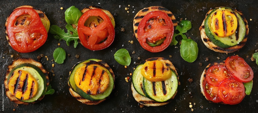 Poster grilled vegetable stacks with vibrant red tomatoes and yellow bell peppers on a dark slate backgroun