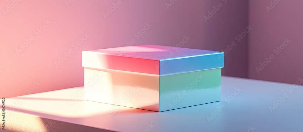 Poster Colorful gift box on a white table illuminated by soft pastel light casting gentle shadows with a gradient design on the box surface