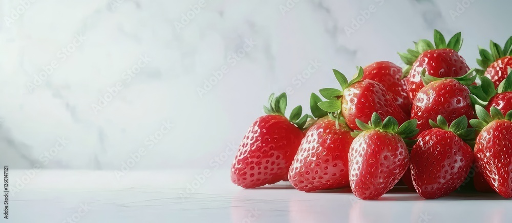 Poster vibrant red strawberries arranged on a marble surface with a soft-focus background, highlighting the