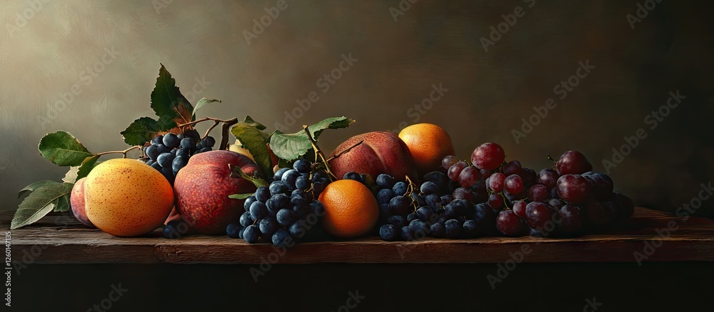 Poster vibrant assortment of ripe apples grapes and peaches on a wooden table with dark background showcasi