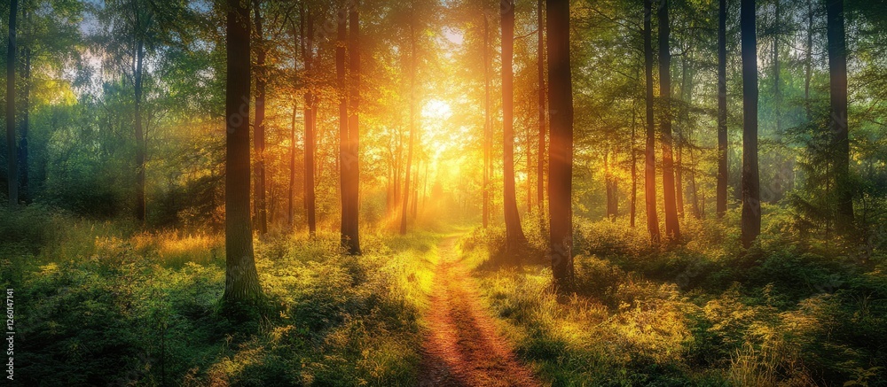 Poster serene dawn light filtering through tall green trees along a winding road with golden rays illuminat