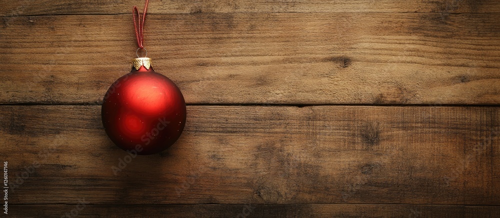 Poster red christmas ornament hanging on a rustic wooden background with warm brown tones creating a festiv