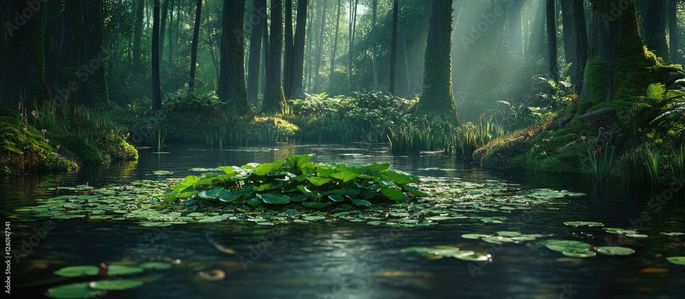 Aufkleber lush green forest scene with large aquatic plant centered in a tranquil pond, surrounded by dark gre