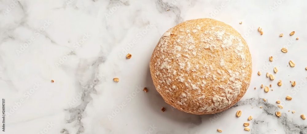 Poster rustic golden bread roll with a crusty surface, scattered oats, placed on a textured white marble ba