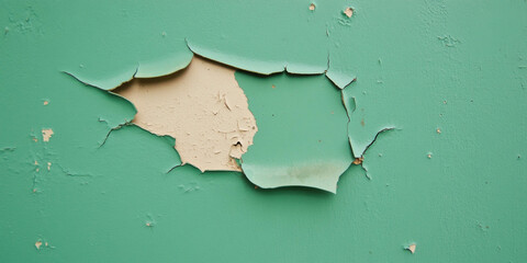 Peeling emerald green wall texture reveals layers beneath in a weathered interior setting