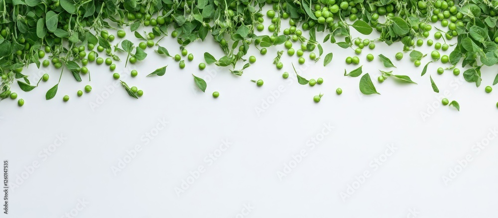 Poster sweet green peas scattered on a white background with vibrant green leaves positioned at the top, cr