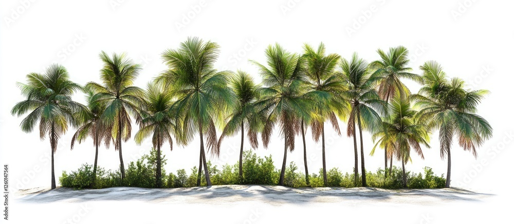 Poster tropical palms with vibrant green fronds arranged in a row against a crisp white background showcasi
