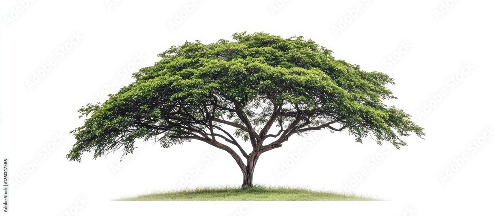 Poster Lush green tropical tree with wide canopy on white background showcasing detailed leaf texture and smooth trunk positioned centrally in image.