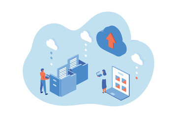 vector illustration of a modern building with cloud storeage online database storage technology concept, Data cloud storage network