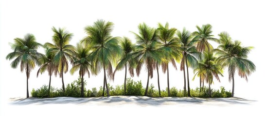 Obraz premium Tropical palms with vibrant green fronds arranged in a row against a crisp white background showcasing lush foliage and island vibes