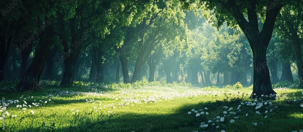 Poster serene forest landscape with lush green trees and soft sunlight filtering through, casting gentle sh