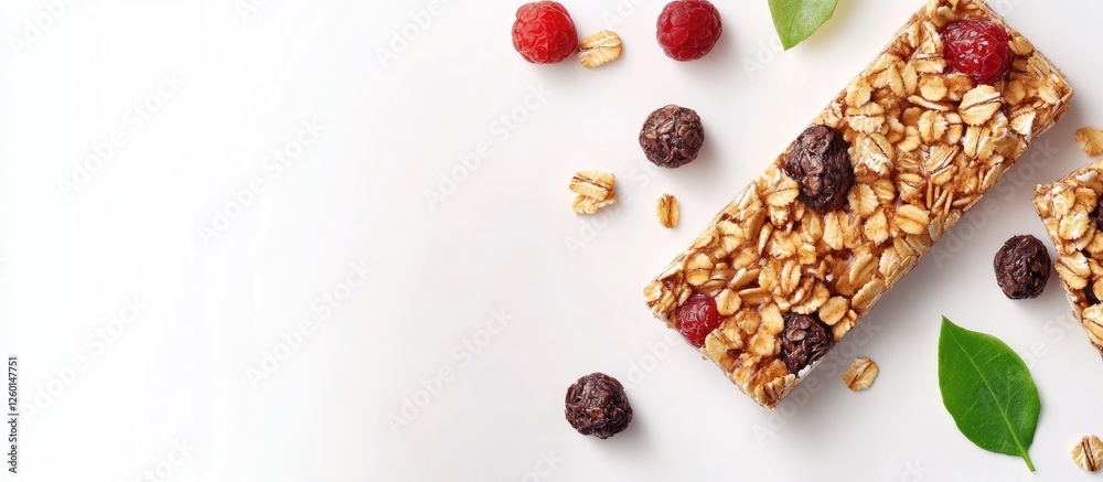 Poster granola bars with oats and mixed berries on a white background surrounded by fresh green leaves and 