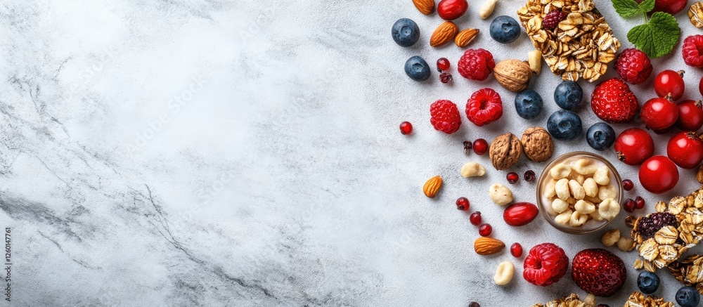 Poster cereal granola bar layout with assorted nuts fruits and berries on a white marble table, vibrant col