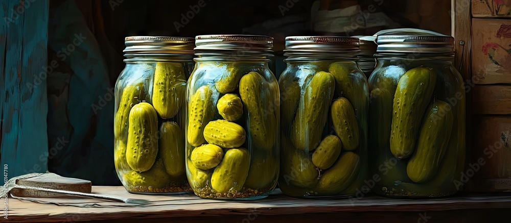 Poster glass jars filled with vibrant pickled gherkins showcased on a rustic wooden shelf with a warm ambie