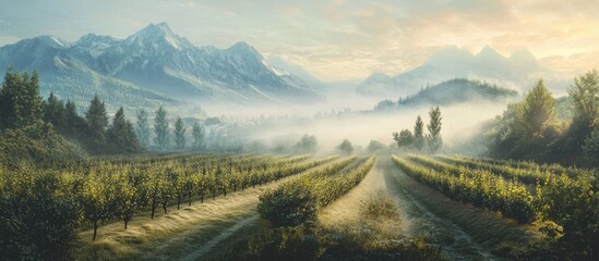 Foggy mountain landscape with lush green tree rows in foreground and soft sunlight illuminating misty valley in background.