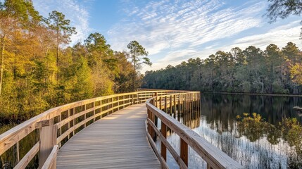 A wooden boardwalk extending over a serene lake, leading into a peaceful sunrise reflection.