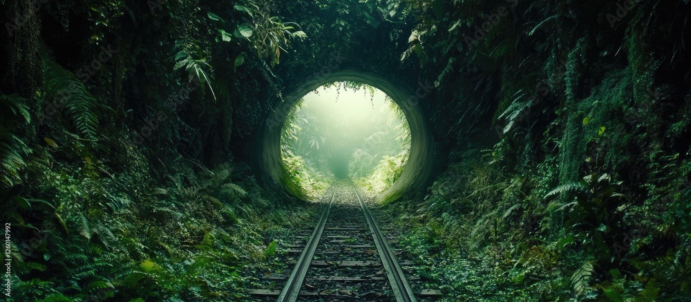 Poster lush green jungle tunnel with vibrant foliage framing a circular opening, soft light illuminating th