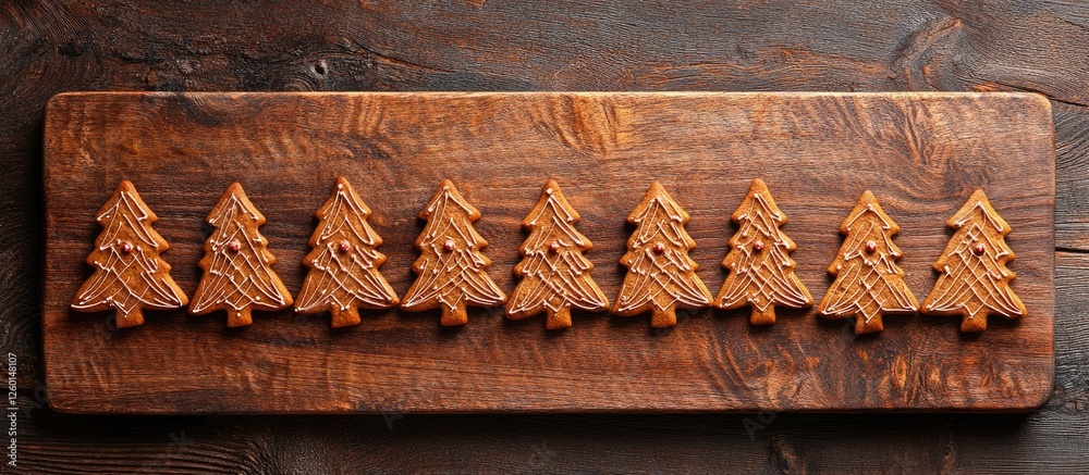 Poster gingerbread cookies shaped like christmas trees arranged in a line on a rustic wooden board with a d