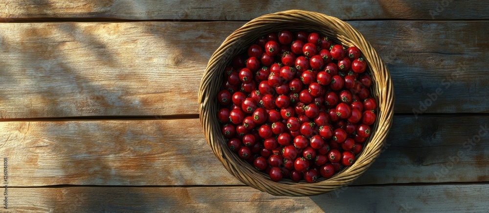 Poster basket filled with vibrant red blueberries viewed from above on a light brown wooden surface with so
