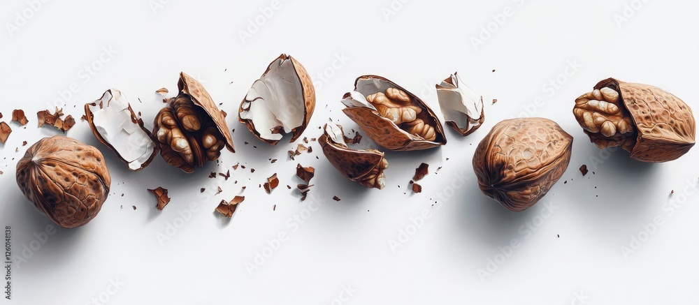 Poster cracked nuts spread out on a white background highlighting their vibrant inner textures and colors w