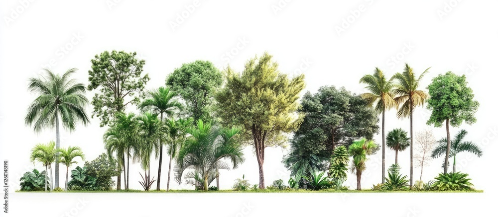 Poster diverse tropical tree collection on white background featuring various shades of green and textures,