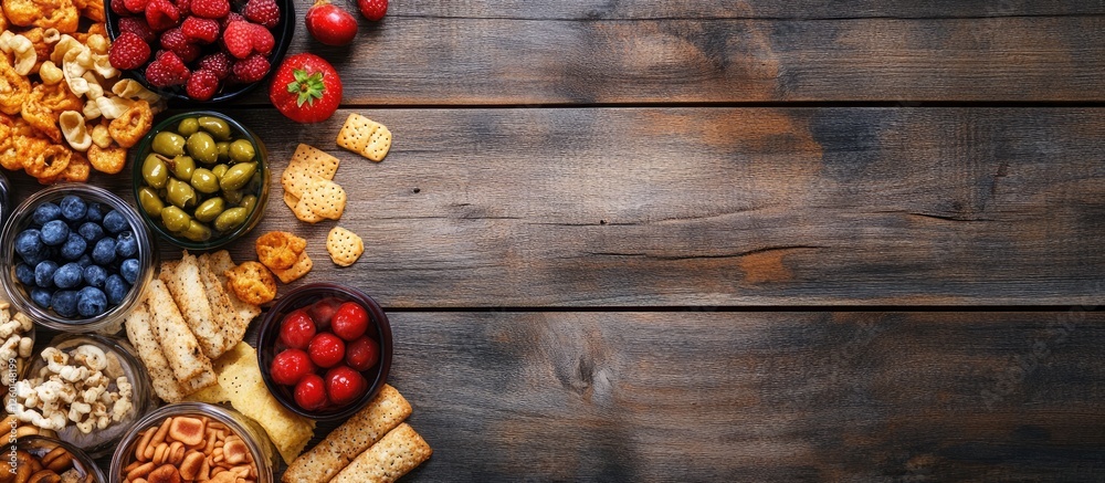 Poster colorful assortment of healthy snacks including nuts fruits and crackers arranged on a dark wooden t