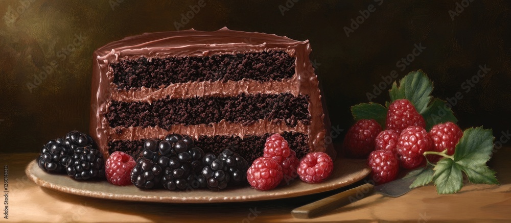 Aufkleber decadent multi-layered chocolate cake with rich frosting, garnished with fresh raspberries and black