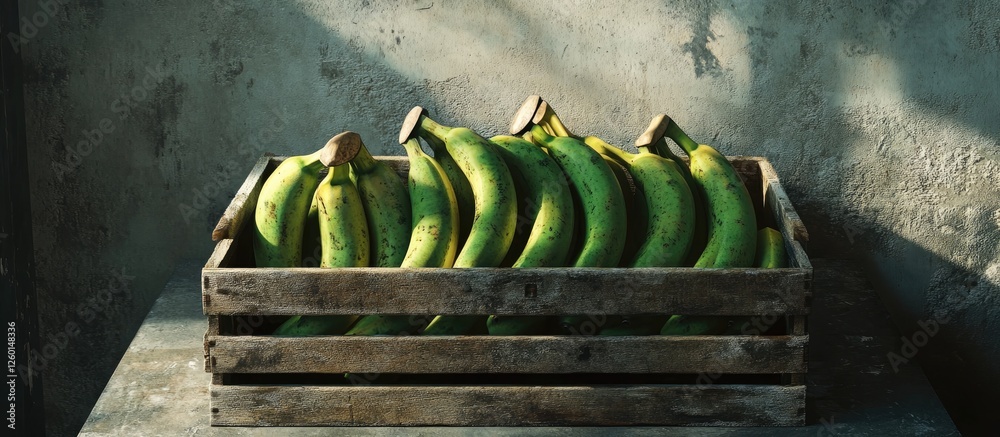 Poster Neatly arranged green bananas in a rustic wooden crate on a metal table with a textured wall in the background creating a vibrant contrast.