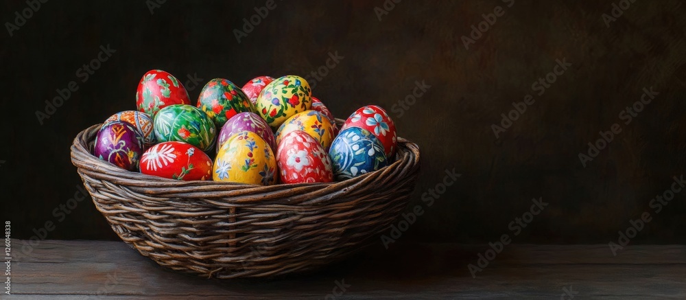 Poster colorful hand-painted easter eggs in a rustic wicker basket positioned on a wooden surface against a