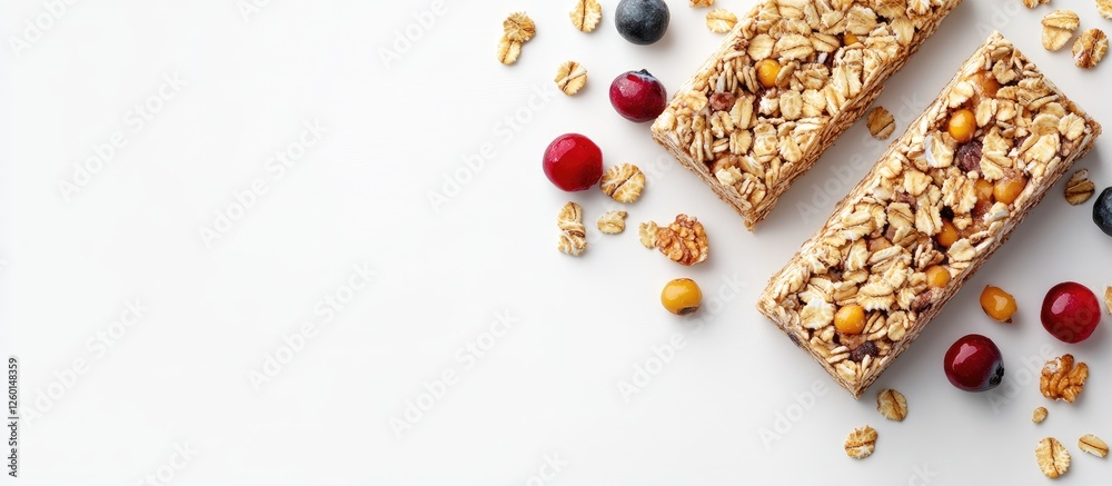 Poster granola bars with oats and berries on a clean white background with scattered nuts and fruits creati