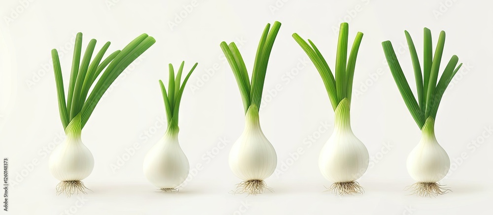 Aufkleber fresh green onions with vibrant green tops and white bulbs arranged in a row on a soft white backgro