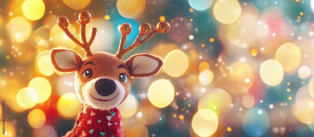 Poster Charming puppet reindeer close-up on the right side, bright festive bokeh backdrop with warm gold, red, and blue hues creating a joyful holiday vibe.