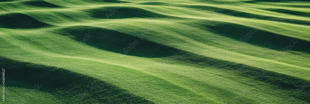 Poster Beautiful light green fairway texture with distinct mowing lines in top view perspective