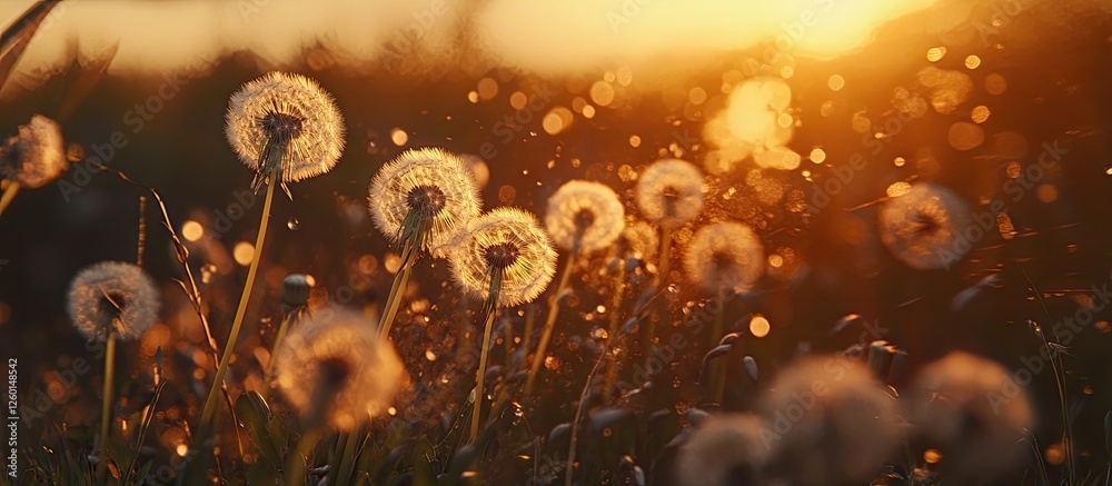 Poster golden sunset illuminating a field of fluffy dandelions with a blurred background, showcasing warm t