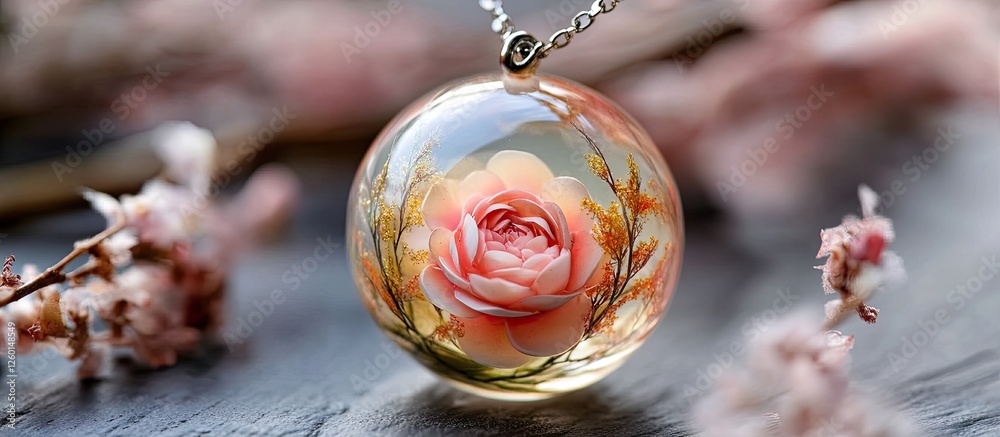Aufkleber delicate macro shot of a round resin charm with a pink rose design on wooden surface surrounded by s