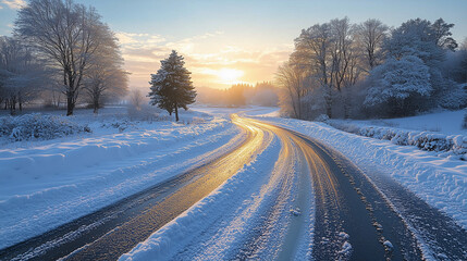 Obraz premium The winter road, illuminated by the bright sunset, is surrounded by a snowy landscape and falling snowflakes, creating an atmosphere of peace..