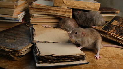 A brown rat sits near old antique books.
