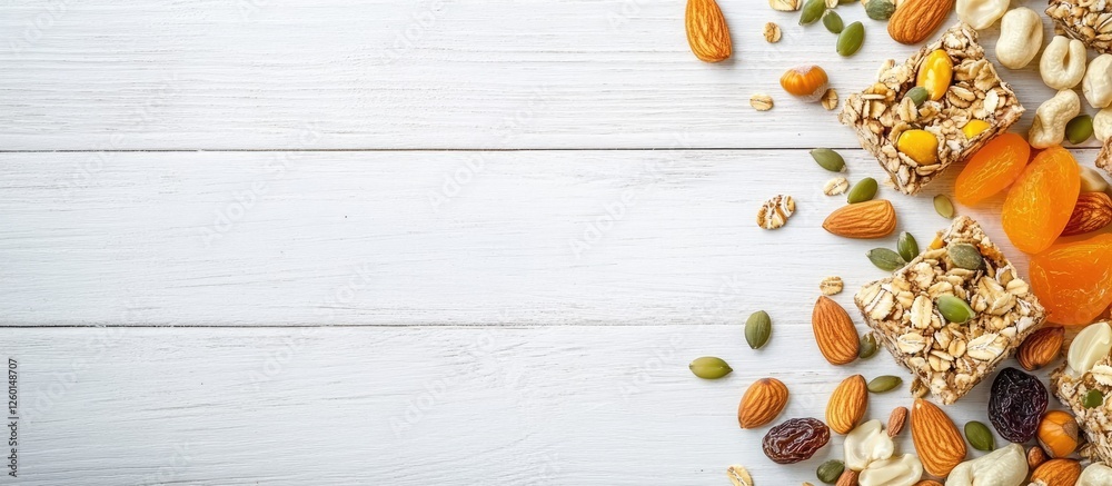 Poster homemade gluten-free granola bars with nuts seeds and dried fruits arranged on a white wooden backgr