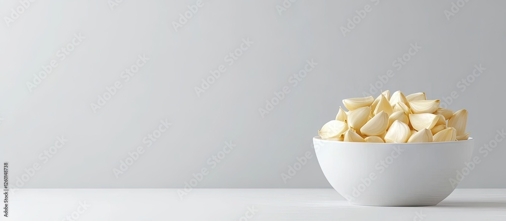 Poster chopped garlic in a white bowl positioned centrally against a light gray backdrop emphasizing simpli