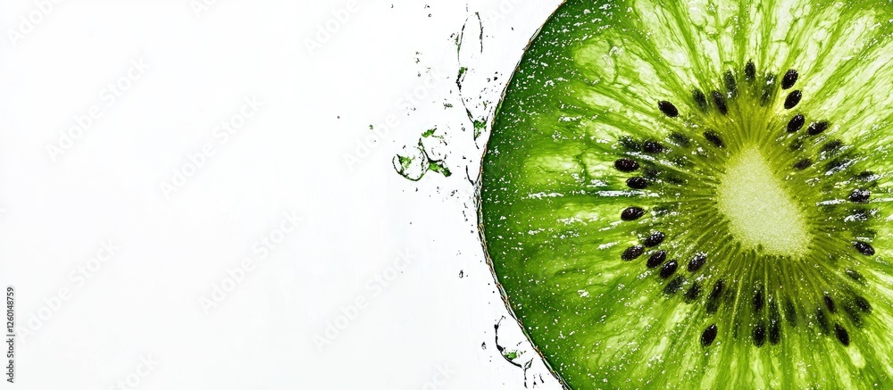 Poster fresh green kiwi slice with water droplets on the right side against a white background showcasing v