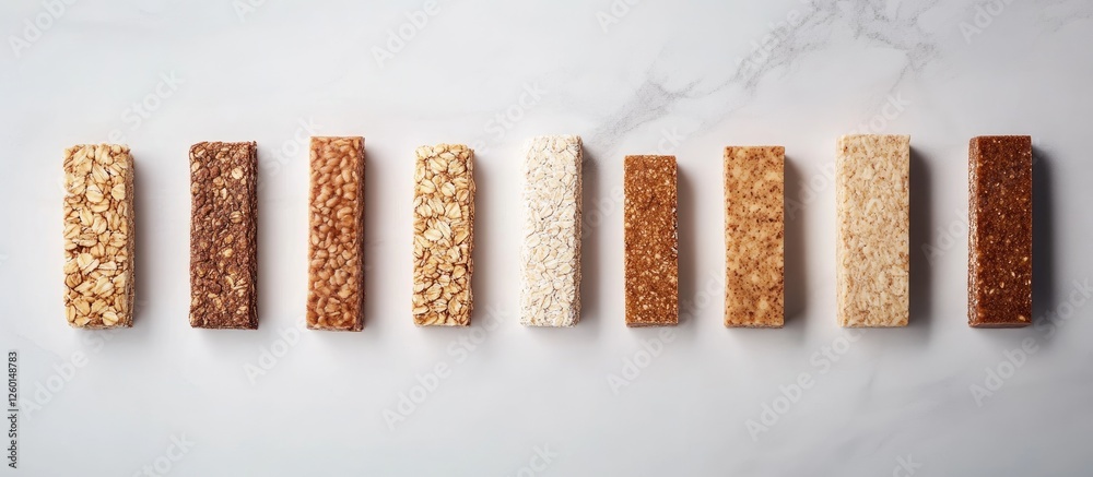 Poster Assorted granola bars in various colors arranged in a line on white marble background with shallow depth of field showcasing texture and variety