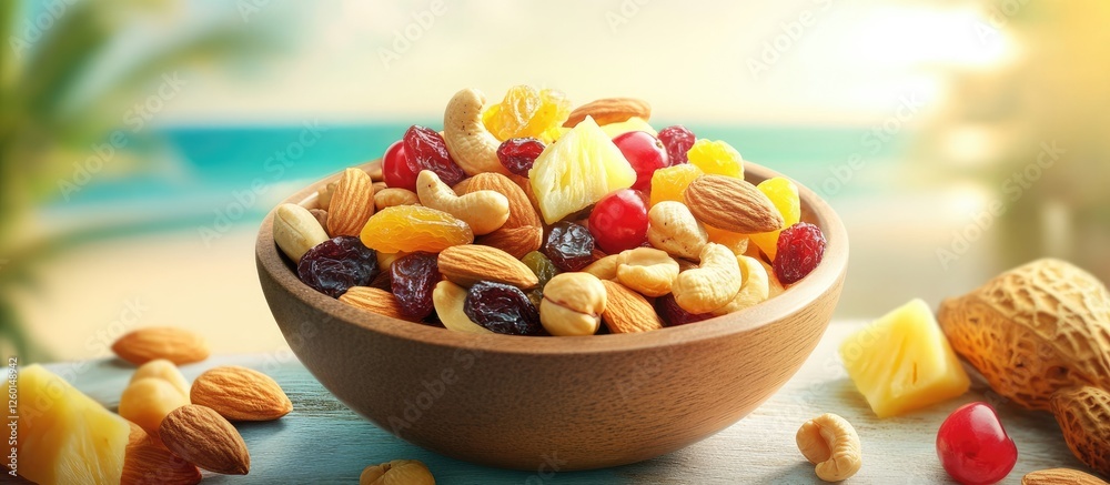 Poster mixed nuts and dried fruits in a wooden bowl on a table with a blurred beach background showcasing v