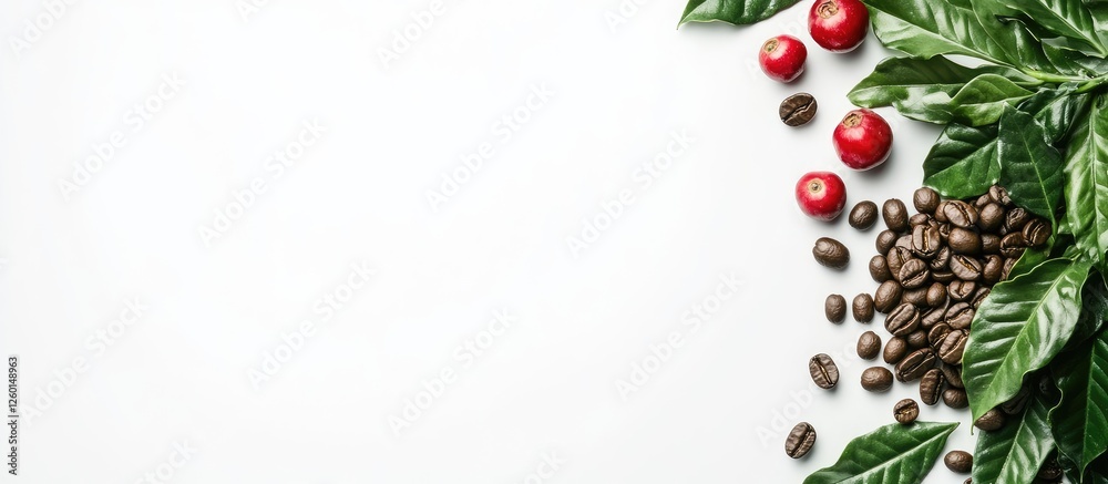 Poster coffee beans and vibrant red berries on green leaves with negative space on a white background, arra