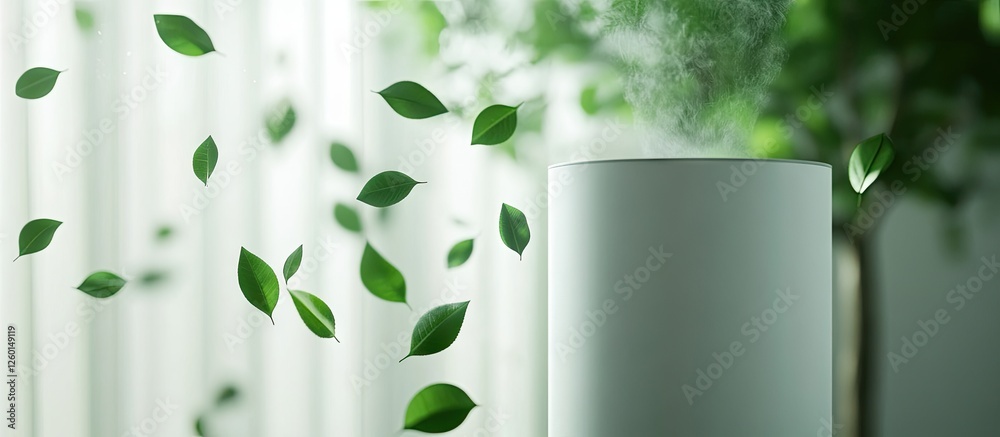 Aufkleber White air purifier emits mist surrounded by floating green leaves against a soft blurred background of greenery, creating a tranquil atmosphere.