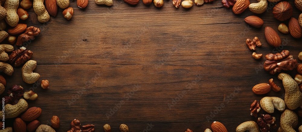 Aufkleber healthy mixed nuts arranged in a frame on a textured wooden surface featuring almonds hazelnuts cash